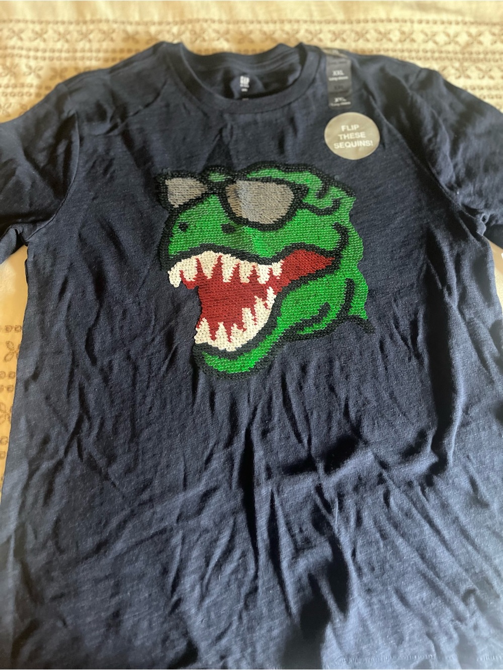 New Boys GAP Navy Long-Sleeve Tee with Green Dinosaur Sequin Graphic